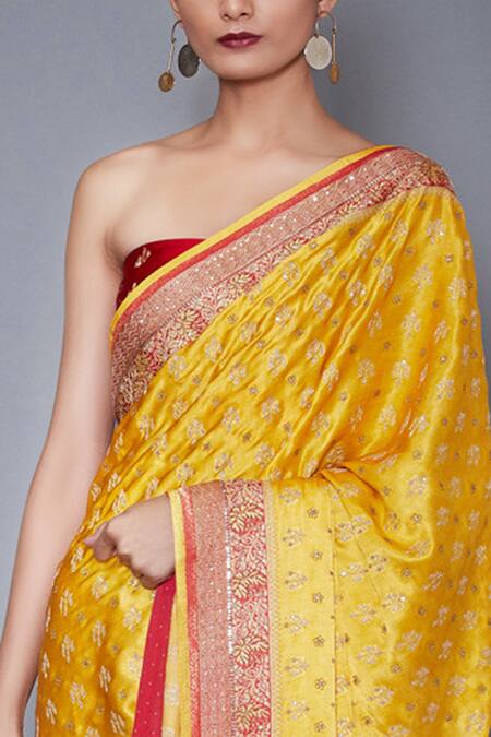 Buy_RI.Ritu Kumar_Yellow Silk Satin Embroidered Saree_Online_at_Aza_Fashions