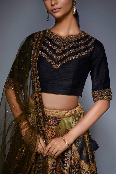 RI.Ritu Kumar_Black Poly Dupion Round Embellished Lehenga Set_at_Aza_Fashions