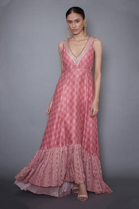 RI.Ritu Kumar_Pink Silk Chanderi Jacket Open Dress With_Online_at_Aza_Fashions