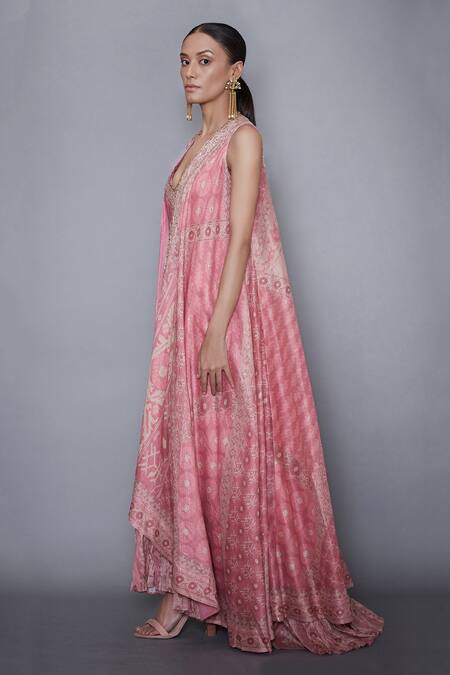 Shop_RI.Ritu Kumar_Pink Silk Chanderi Jacket Open Dress With_Online_at_Aza_Fashions