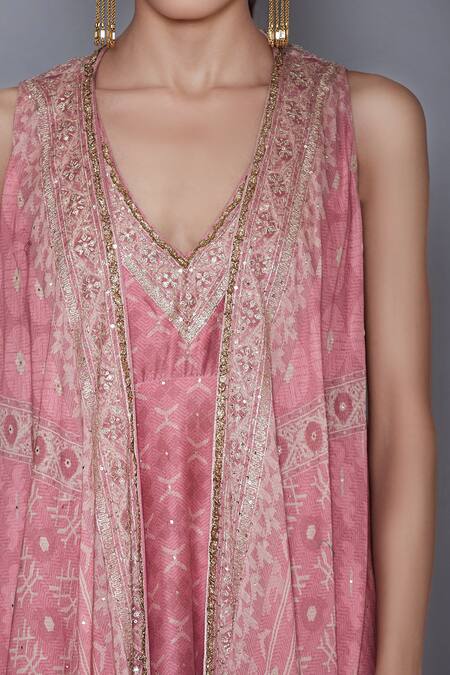 RI.Ritu Kumar_Pink Silk Chanderi Jacket Open Dress With_at_Aza_Fashions