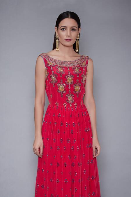 RI.Ritu Kumar Red Silk Chanderi Boat Embroidered Gown