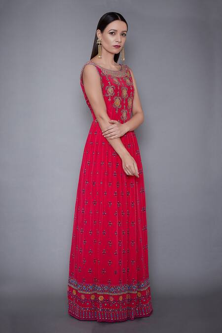 RI.Ritu Kumar_Red Silk Chanderi Boat Embroidered Gown_Online_at_Aza_Fashions