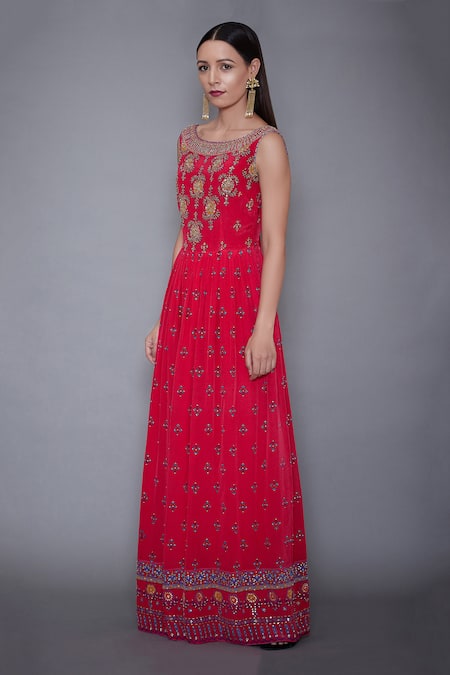 Buy_RI.Ritu Kumar_Red Silk Chanderi Boat Embroidered Gown_Online_at_Aza_Fashions