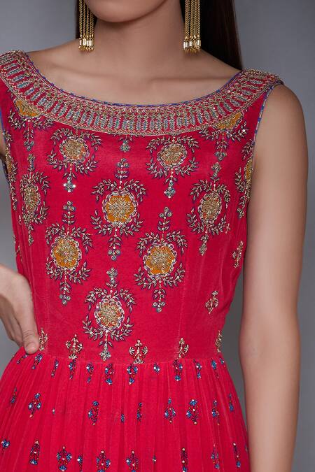 Shop_RI.Ritu Kumar_Red Silk Chanderi Boat Embroidered Gown_Online_at_Aza_Fashions