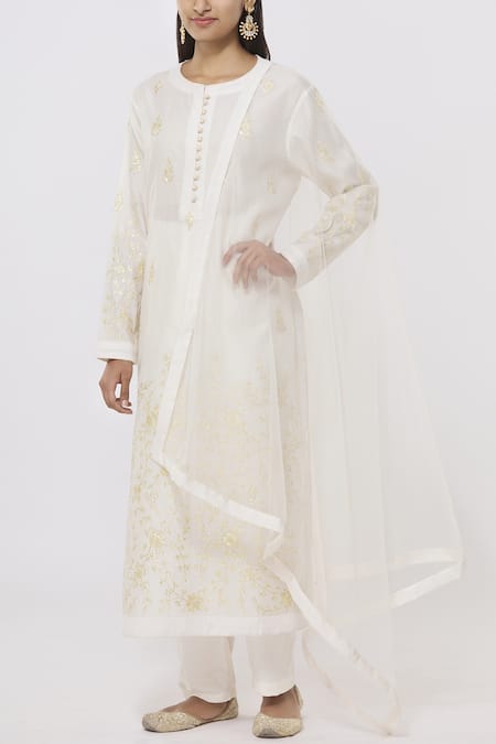 Shyam Narayan Prasad_White Chanderi Embroidered Kurta Set_Online_at_Aza_Fashions