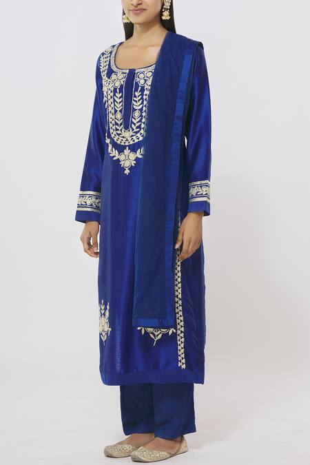Shyam Narayan Prasad_Blue Chanderi Embroidered Kurta Set_Online_at_Aza_Fashions