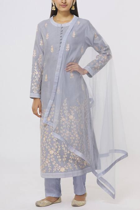 Shyam Narayan Prasad_Blue Chanderi Embroidered Kurta Set_Online_at_Aza_Fashions