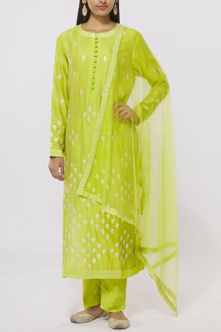 Shyam Narayan Prasad_Green Chanderi Embroidered Kurta Set_Online_at_Aza_Fashions
