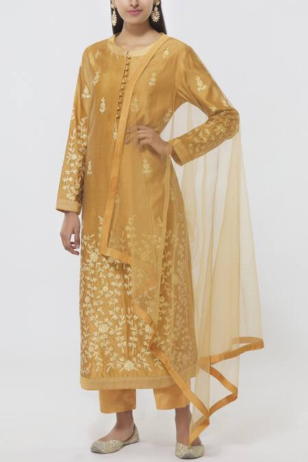 Shyam Narayan Prasad_Yellow Chanderi Embroidered Kurta Set_Online_at_Aza_Fashions