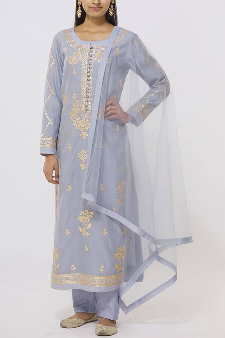 Shyam Narayan Prasad_Blue Chanderi Embroidered Kurta Set_Online_at_Aza_Fashions