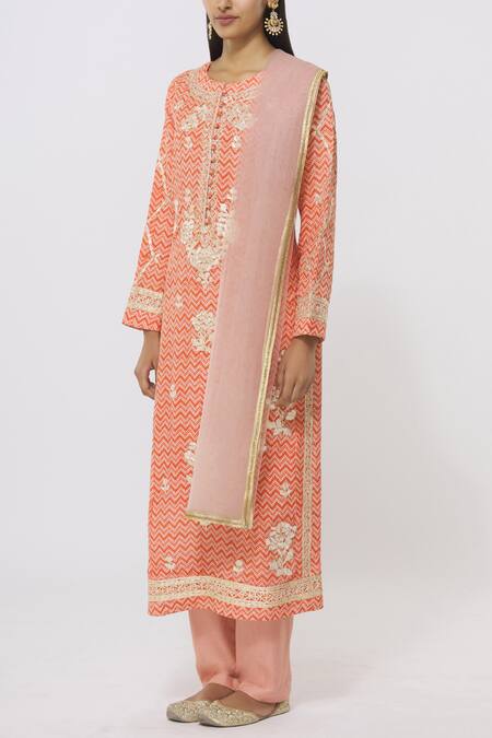Shyam Narayan Prasad Peach Chanderi Printed Kurta With Dupatta Online at Aza Fashions Shyam Narayan Prasad_Peach Chanderi Printed Kurta With Dupatta_Online_at_Aza_Fashions