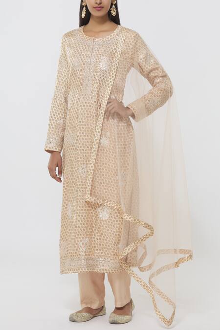 Buy_Shyam Narayan Prasad_Peach Chanderi Kurta Pant Set_Online_at_Aza_Fashions