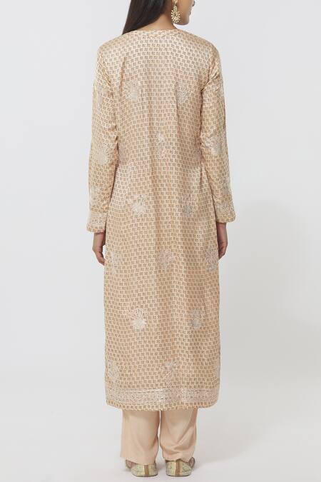 Shyam Narayan Prasad_Peach Chanderi Kurta Pant Set_Online_at_Aza_Fashions