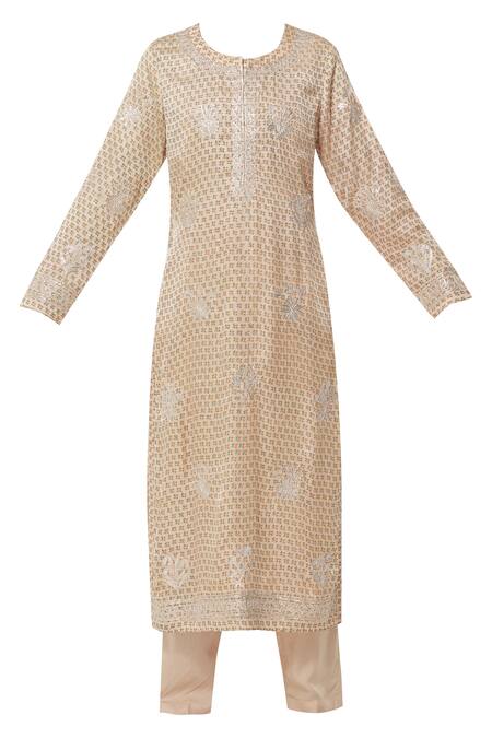 Shop_Shyam Narayan Prasad_Peach Chanderi Kurta Pant Set_Online_at_Aza_Fashions