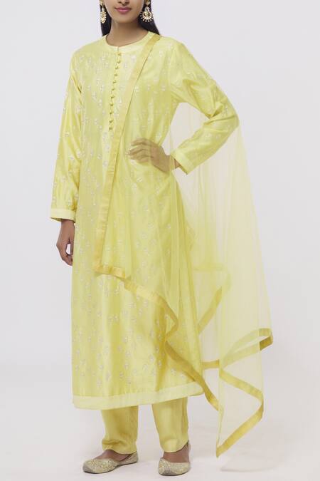 Shyam Narayan Prasad_Yellow Chanderi Kurta Pant Set_Online_at_Aza_Fashions