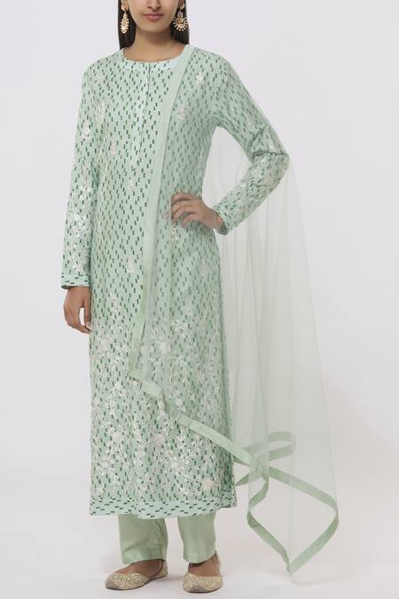Shyam Narayan Prasad_Green Chanderi Kurta Pant Set_Online_at_Aza_Fashions