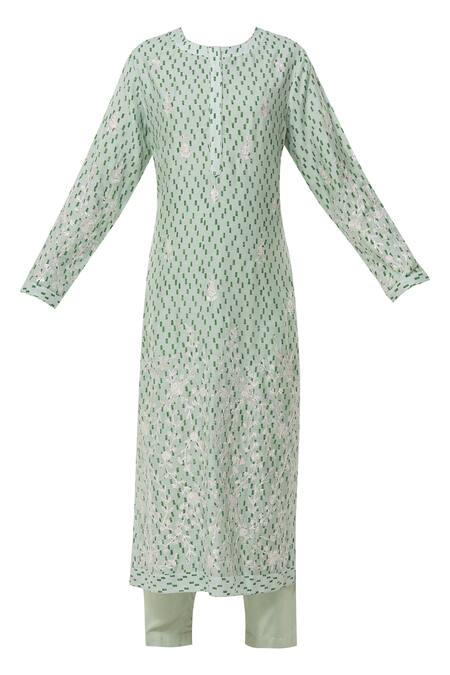 Buy_Shyam Narayan Prasad_Green Chanderi Kurta Pant Set_Online_at_Aza_Fashions