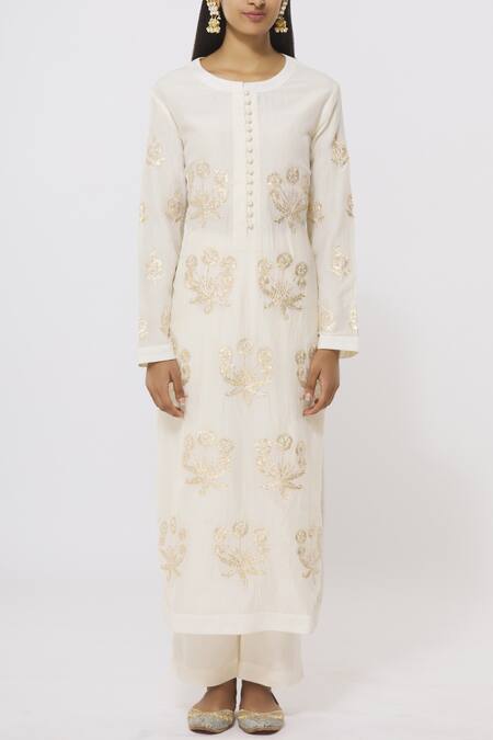 Buy_Shyam Narayan Prasad_White Chanderi Kurta Pant Set_Online_at_Aza_Fashions