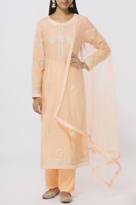 Shyam Narayan Prasad_Peach Chanderi Kurta Set_Online_at_Aza_Fashions