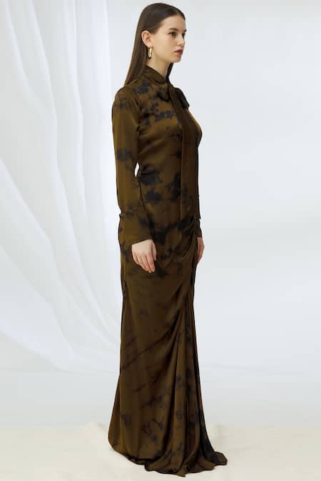 Deme By Gabriella_Green Satin Tie Dye Gown_Online_at_Aza_Fashions