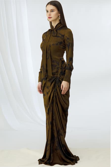 Buy_Deme By Gabriella_Green Satin Tie Dye Gown_Online_at_Aza_Fashions