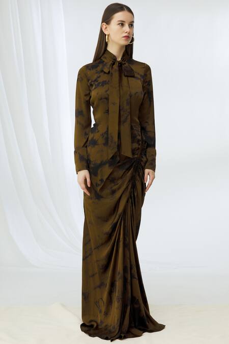 Shop_Deme By Gabriella_Green Satin Tie Dye Gown_Online_at_Aza_Fashions