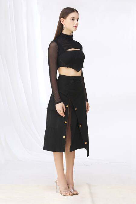 Deme By Gabriella_Black Net, Micro Outer Crop Top High Collar Inner Blouse Slit Skirt Set_Online_at_Aza_Fashions