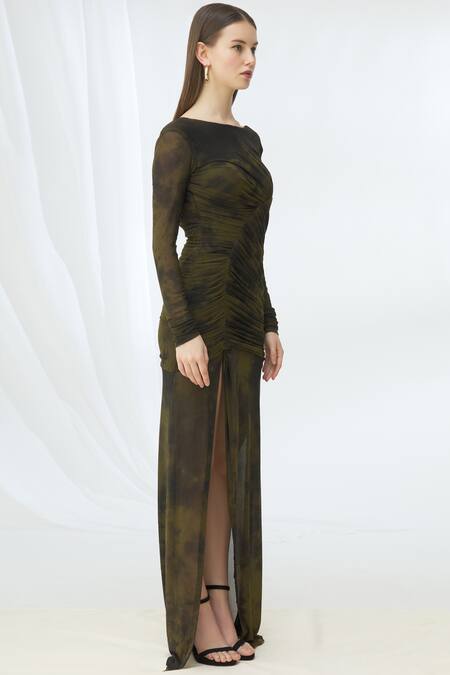 Deme By Gabriella_Green Net Round Tie Dye Gown_Online_at_Aza_Fashions