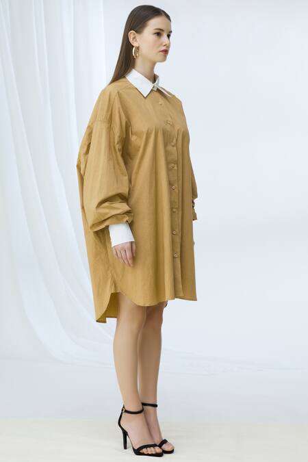 Deme By Gabriella_Beige Cotton Dress Round, Inner Shirt Stand Collar _Online_at_Aza_Fashions