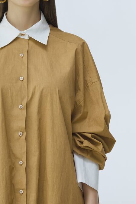 Shop_Deme By Gabriella_Beige Cotton Dress Round, Inner Shirt Stand Collar _Online_at_Aza_Fashions