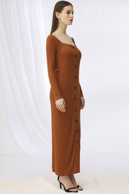 Deme By Gabriella_Brown Ribbed Knit Square Neck Button Down_Online_at_Aza_Fashions