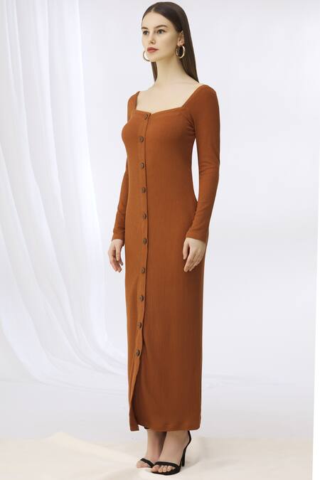 Buy_Deme By Gabriella_Brown Ribbed Knit Square Neck Button Down_Online_at_Aza_Fashions