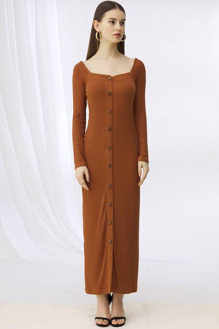 Shop_Deme By Gabriella_Brown Ribbed Knit Square Neck Button Down_Online_at_Aza_Fashions