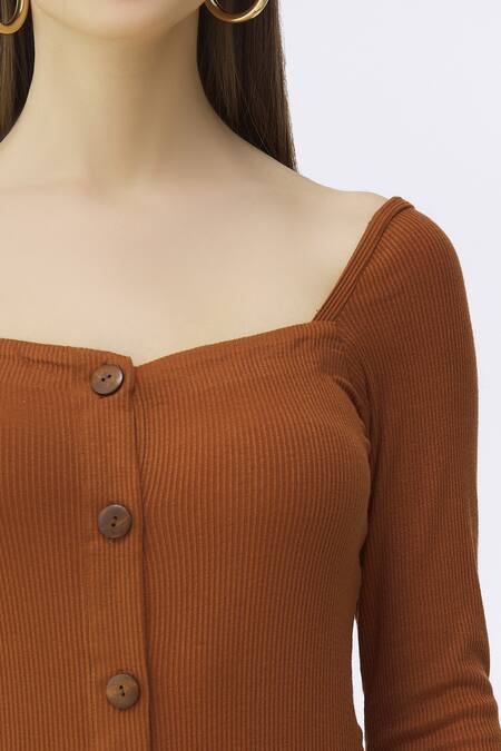 Deme By Gabriella_Brown Ribbed Knit Square Neck Button Down_at_Aza_Fashions