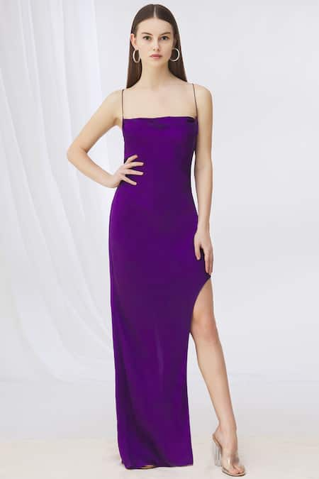 Deme by Gabriella Purple Satin Square Neck Slit Gown 