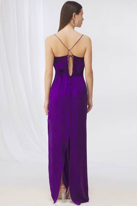 Shop_Deme By Gabriella_Purple Satin Square Neck Slit Gown _at_Aza_Fashions