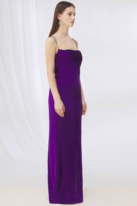 Deme By Gabriella_Purple Satin Square Neck Slit Gown _Online_at_Aza_Fashions