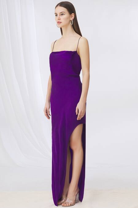 Buy_Deme By Gabriella_Purple Satin Square Neck Slit Gown _Online_at_Aza_Fashions