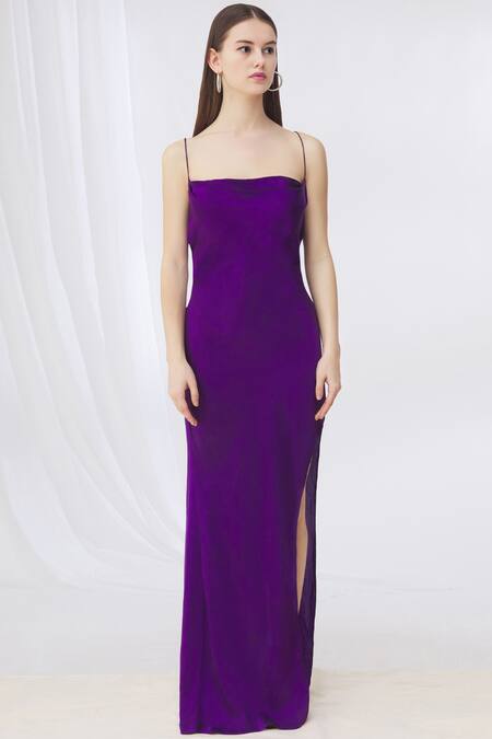 Shop_Deme By Gabriella_Purple Satin Square Neck Slit Gown _Online_at_Aza_Fashions