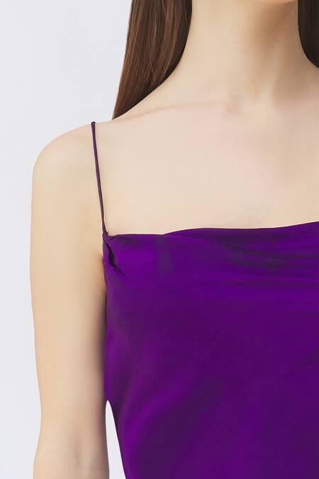 Deme By Gabriella_Purple Satin Square Neck Slit Gown _at_Aza_Fashions