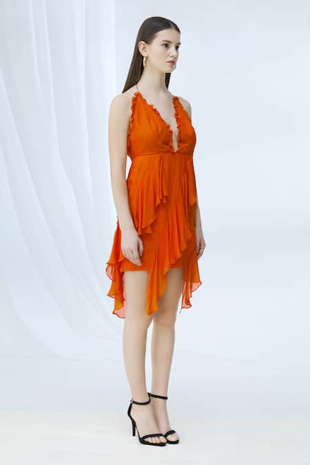 Deme By Gabriella_Orange Chiffon Halter Asymmetric Ruffle Dress _Online_at_Aza_Fashions