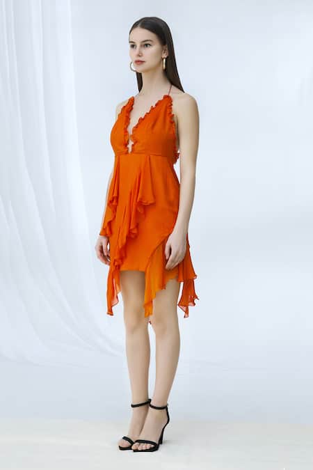 Buy_Deme By Gabriella_Orange Chiffon Halter Asymmetric Ruffle Dress _Online_at_Aza_Fashions