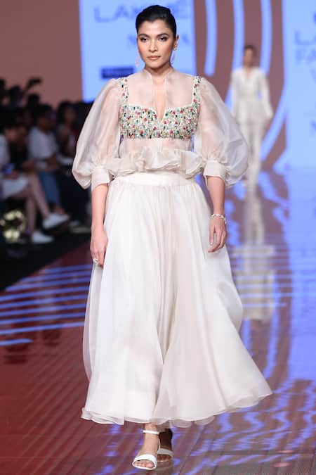 Ridhi Mehra White Shirt And Skirt Organzacrop Top Chanderi V Neck Set  