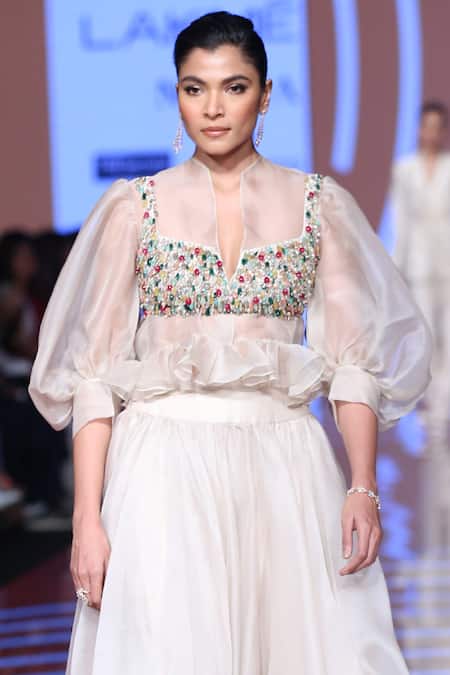 Ridhi Mehra White Shirt And Skirt Organzacrop Top Chanderi V Neck Set Online at Aza Fashions Ridhi Mehra_White Shirt And Skirt Organzacrop Top Chanderi V Neck Set _Online_at_Aza_Fashions