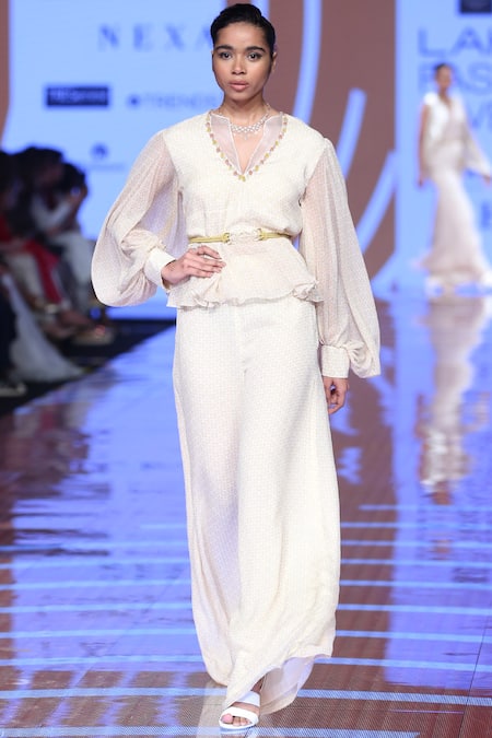 Ridhi Mehra_White V Neck Printed Pant Set  _Online_at_Aza_Fashions