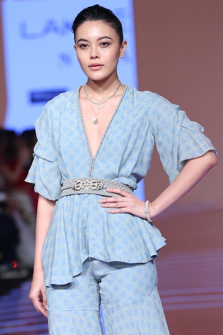 Shop_Ridhi Mehra_Blue Chiffon V Neck Printed Top Sharara Set  _at_Aza_Fashions