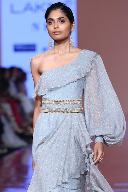 Ridhi Mehra_Blue Chiffon Asymmetric Printed One Shoulder Gown With Belt  _Online_at_Aza_Fashions
