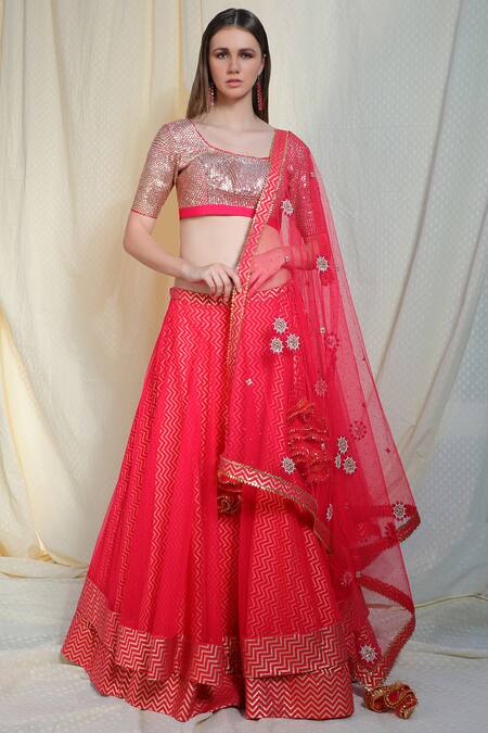 Nikasha_Pink Net, Dupion Silk, Chevron Round Embellished Bridal Lehenga Set _Online_at_Aza_Fashions