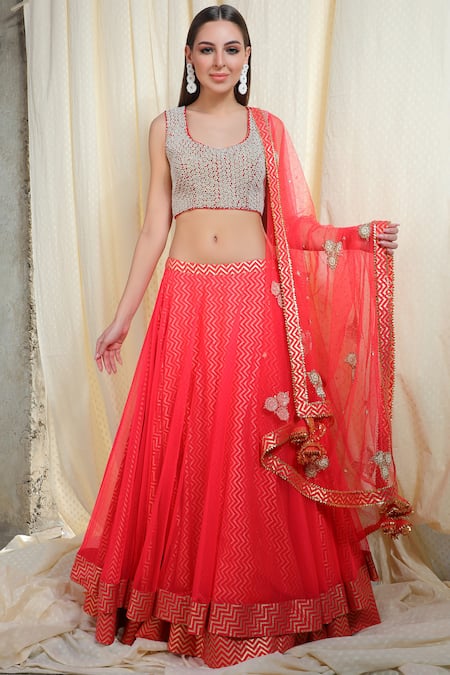 Nikasha_Peach Net, Dupion Silk, Chevron Round Embellished Bridal Lehenga Set _Online_at_Aza_Fashions